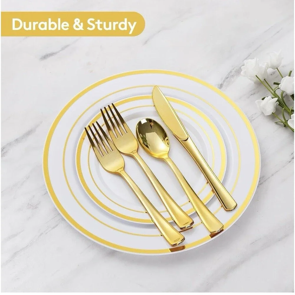 600PCS Gold White Plastic Party/Dinnerware Set for 100 Guests